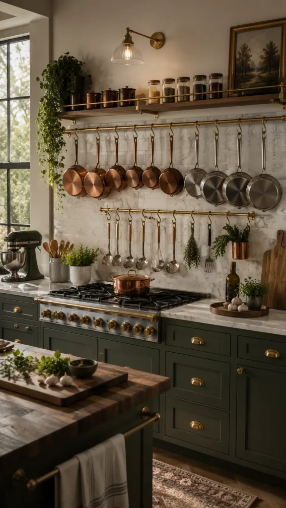 Elegant European-style kitchen with brass hanging rails, copper cookware, green cabinetry, marble backsplash, natural light, and luxury interior styling.