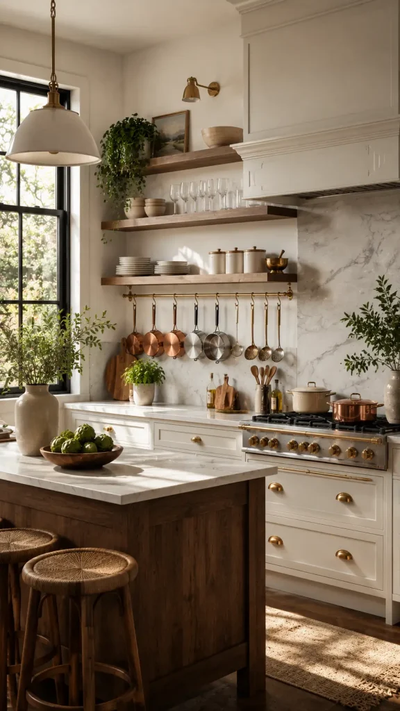 Bright modern farmhouse kitchen with white cabinetry, wooden island, marble countertops, brass accents, open shelving, hanging cookware, and warm natural sunlight.