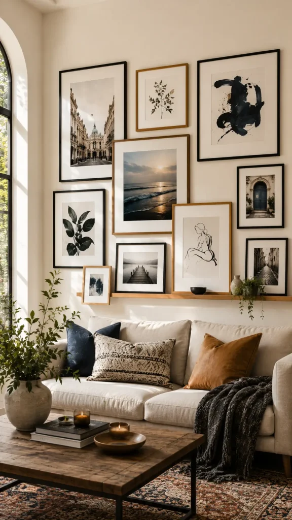 Neutral contemporary living room with a curated gallery wall featuring architectural photography, botanical prints, abstract art, line drawings, and warm wood accents