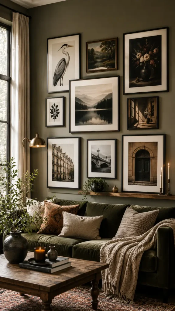 Luxury living room with an olive velvet sofa, curated gallery wall of botanical prints, architecture photography, landscape artwork, warm lighting, and elegant decor.
