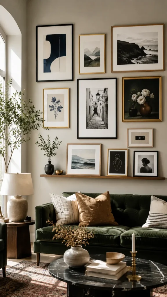 Luxurious living room with a dark green velvet sofa and a sophisticated gallery wall featuring floral paintings, abstract artwork, and black-and-white photography in mixed black, gold, and oak frames.