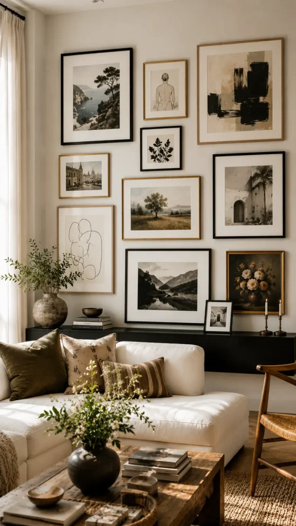 Modern neutral living room with an asymmetrical gallery wall featuring abstract artwork, line drawings, landscape photography, and botanical prints in black, gold, and oak frames.