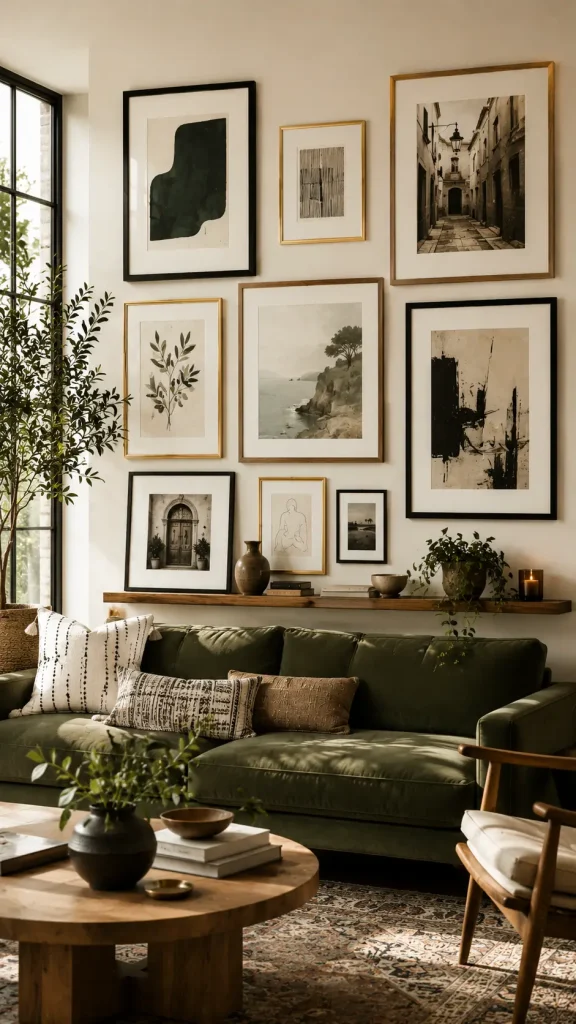 Organic modern living room with an earthy green sofa and an asymmetrical gallery wall featuring botanical illustrations, abstract art, and black-and-white photography above a wooden picture ledge.