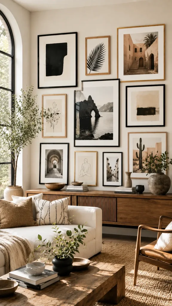 Desert modern living room featuring a large asymmetrical gallery wall with cactus artwork, abstract prints, botanical illustrations, and architectural photography displayed in black, gold, and oak frames.
