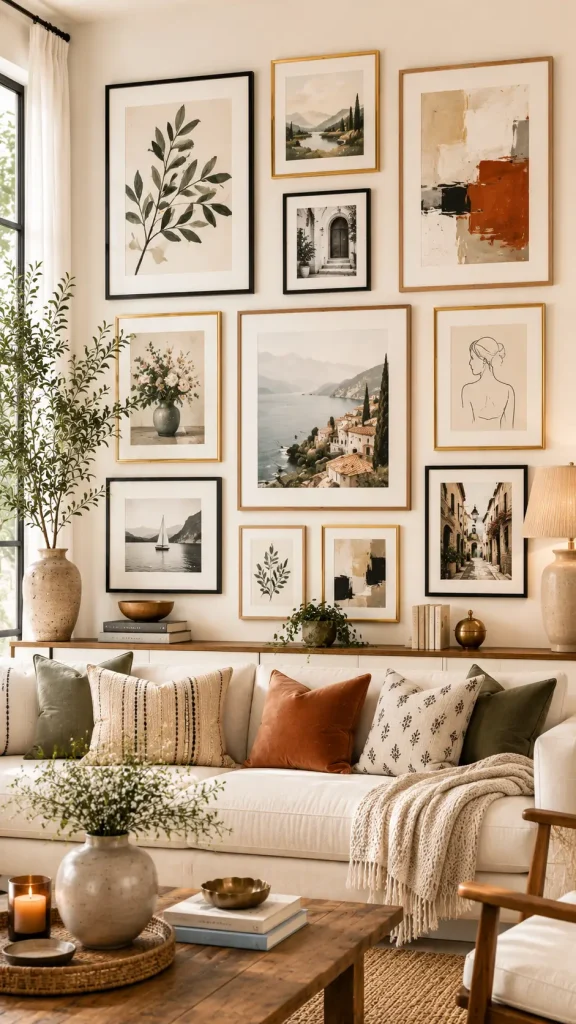 Coastal-inspired living room with a curated gallery wall featuring Mediterranean landscapes, botanical artwork, abstract paintings, and European street photography arranged in black, gold, and oak frames above a neutral sofa.