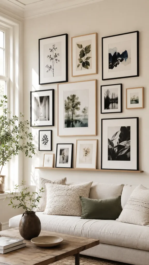 Bright Scandinavian living room featuring an asymmetrical gallery wall with botanical prints, abstract artwork, black-and-white photography, oak and black frames, picture ledge, and soft natural light.