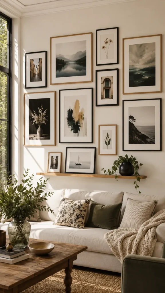 Modern farmhouse living room with a gallery wall of landscape prints, abstract artwork, botanical accents, wood frames, picture ledge, and warm natural sunlight.