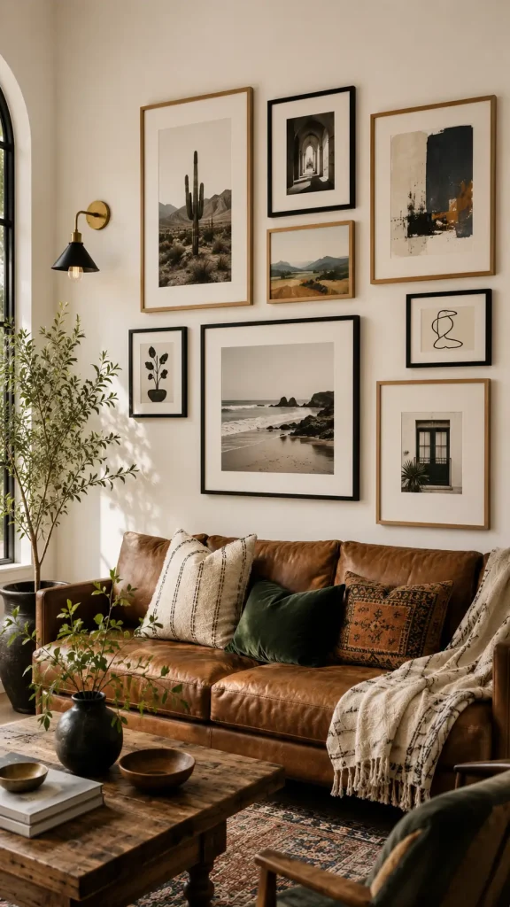 Boho-inspired living room featuring a caramel leather sofa and an eclectic gallery wall with desert photography, abstract art, landscapes, and black-and-white prints.